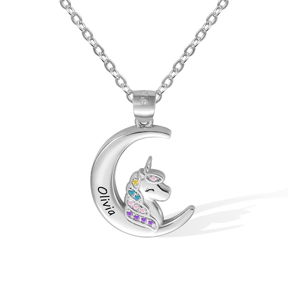 Brass/Unicorn Necklace with Personalized Name, Crescent Moon Pendant Heart Locket Necklaces Gift to Daughter, Granddaughter, Niece, Unicorn Jewelry for Girls