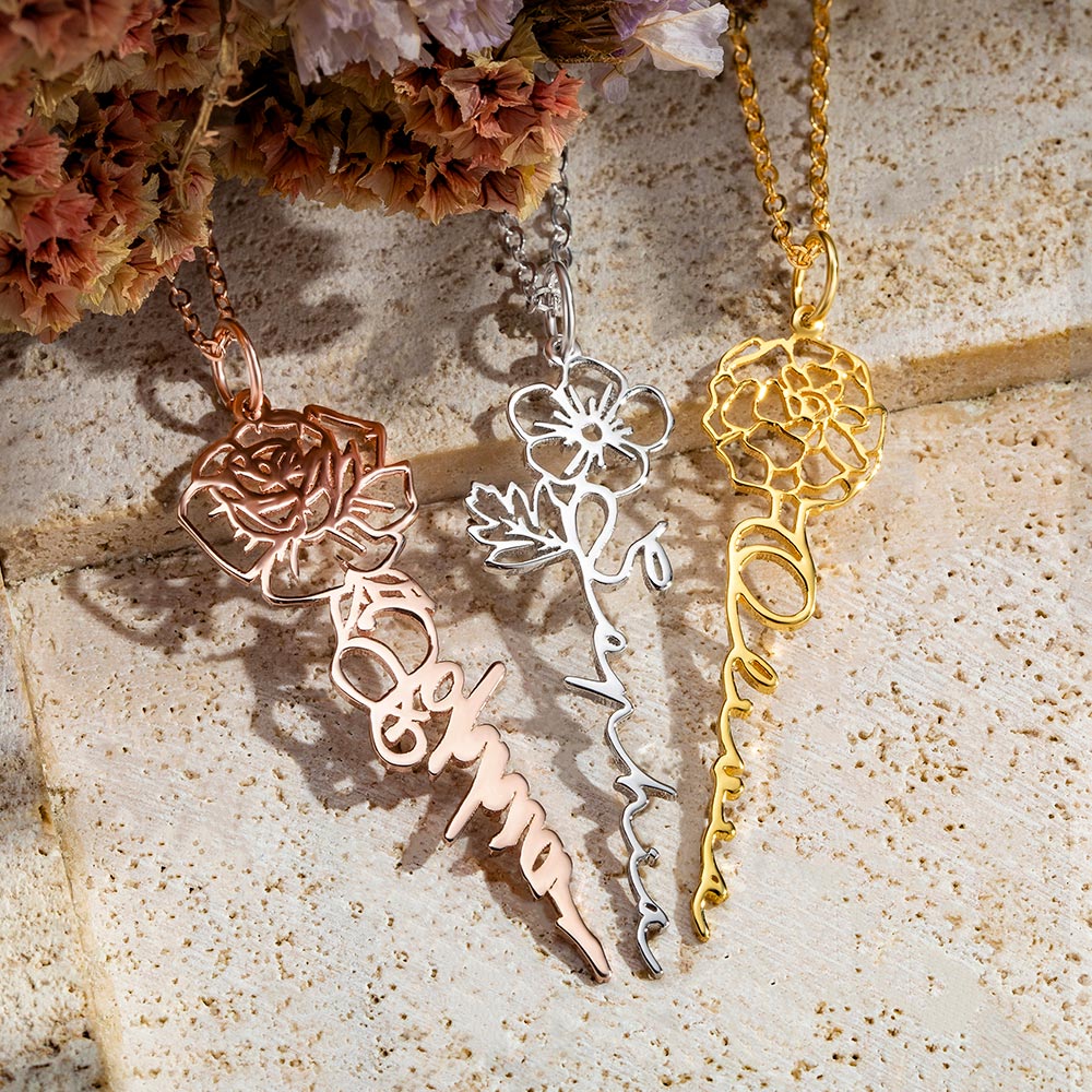 Dainty Floral Name Necklace with Birth Flower in Sterling Silver 925, Personalized jewelry gift for her