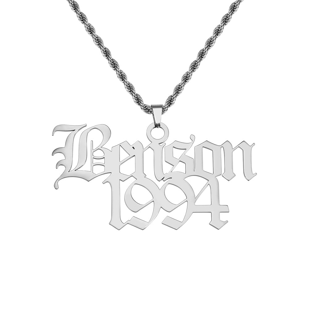 Men Old English Font Name Necklace, Gothic Style Name Pendant for him, Old English Script Nameplate, Custom Goth Jewelry