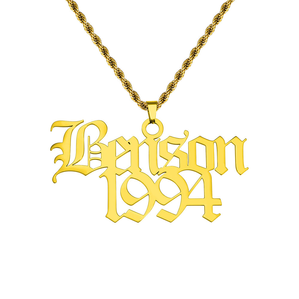 Men Old English Font Name Necklace, Gothic Style Name Pendant for him, Old English Script Nameplate, Custom Goth Jewelry