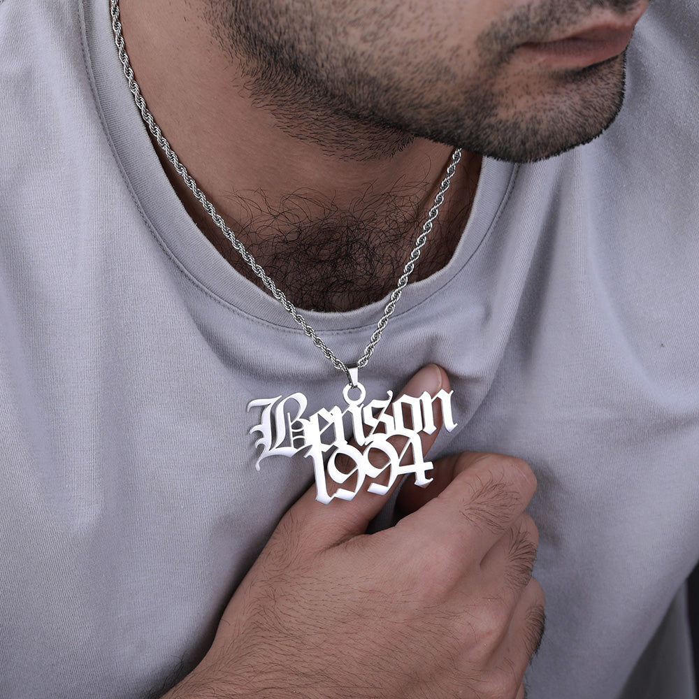 Men Old English Font Name Necklace, Gothic Style Name Pendant for him, Old English Script Nameplate, Custom Goth Jewelry