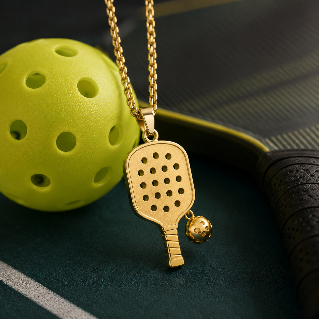 Gold Pickleball Necklace with pickleball