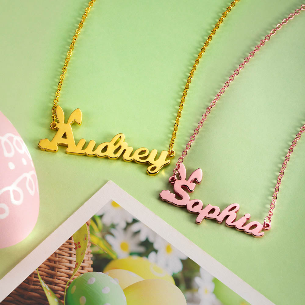 Dainty Personalized Name Easter Bunny Necklace Sterling Silver