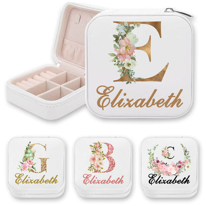 Initial & Name Jewelry Travel Case with Flowers, jewellry accessories for her, bridesmaid or bridal shower gift,