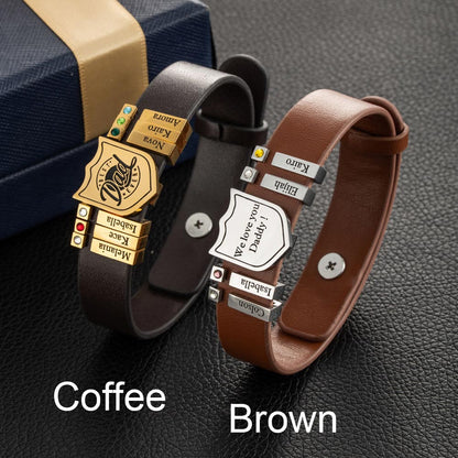 Family Series 1-20 Names Leather Shield Bracelet for Men