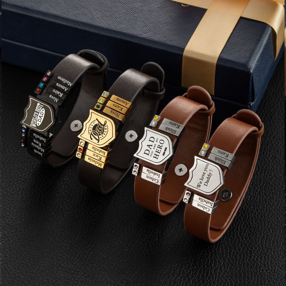 Family Series 1-20 Names Leather Shield Bracelet for Men