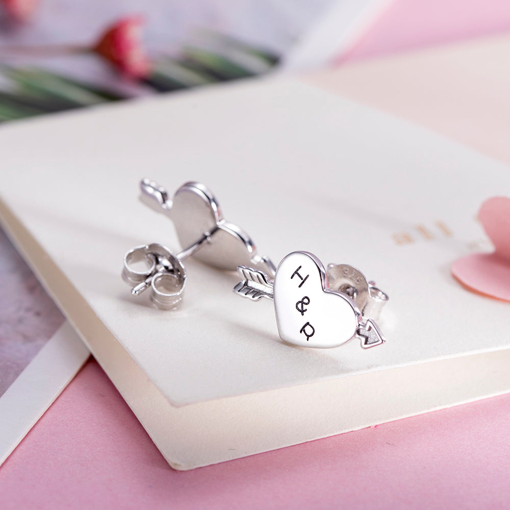 Silver Personalized Arrow Heart Earrings, Custom Arrow Heart earing, Anniversary gift for her