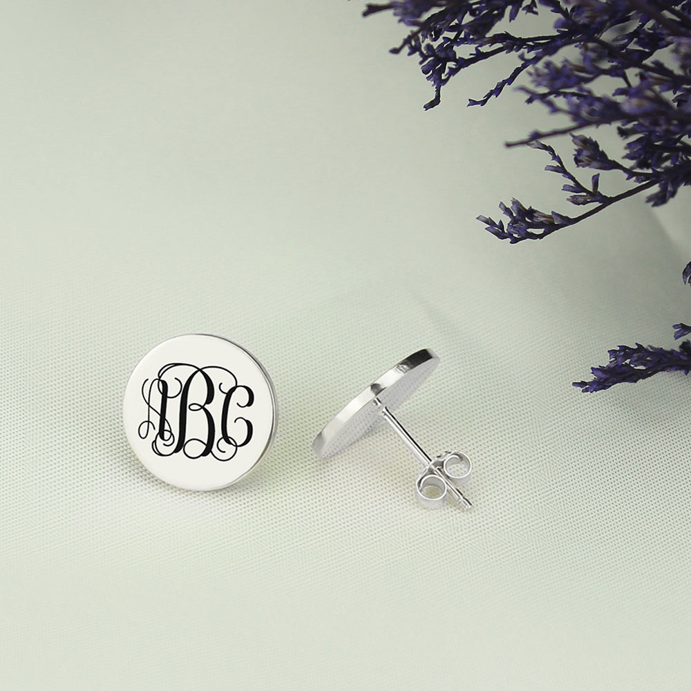 Engraved Disc Monogram Stud Earrings. Custom Name studs, Personalized initial studs for her