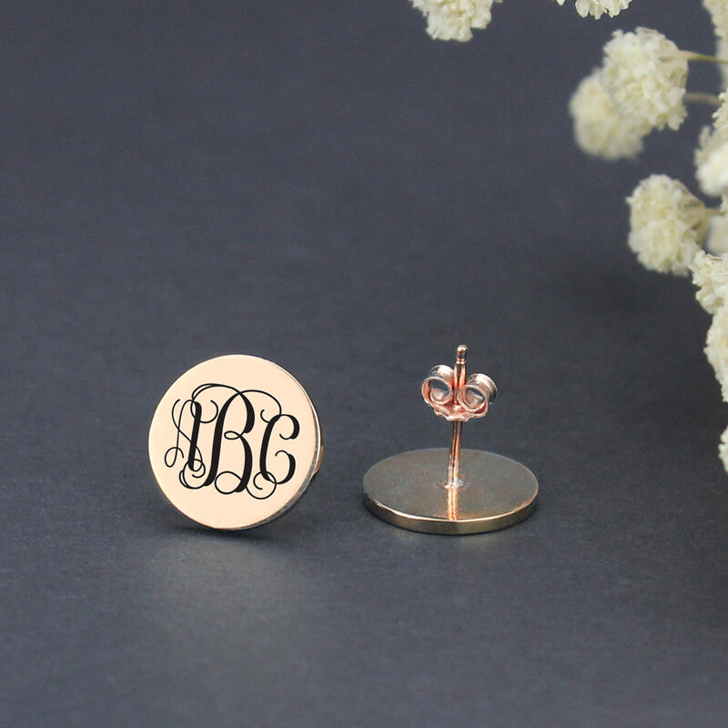 Engraved Disc Monogram Stud Earrings. Custom Name studs, Personalized initial studs for her