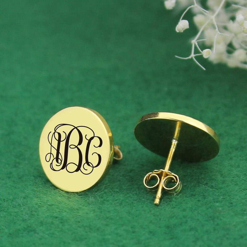 Engraved Disc Monogram Stud Earrings. Custom Name studs, Personalized initial studs for her