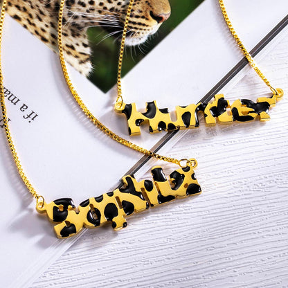 Custom Leopard Name Necklace Brass, Personalized name jewelry