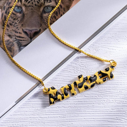 Custom Leopard Name Necklace Brass, Personalized name jewelry