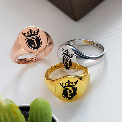 Personalized Men's Crown Letter Signet Rings Gift Cards & Box Set