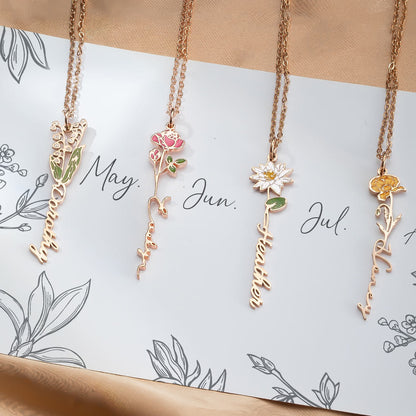 Personalized Birth Flower Name Necklace, Custom Floral Necklace for her