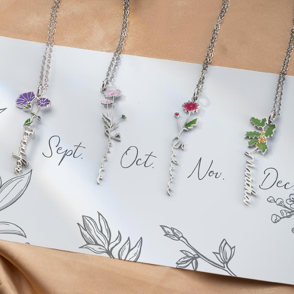 Personalized Birth Flower Name Necklace, Custom Floral Necklace for her