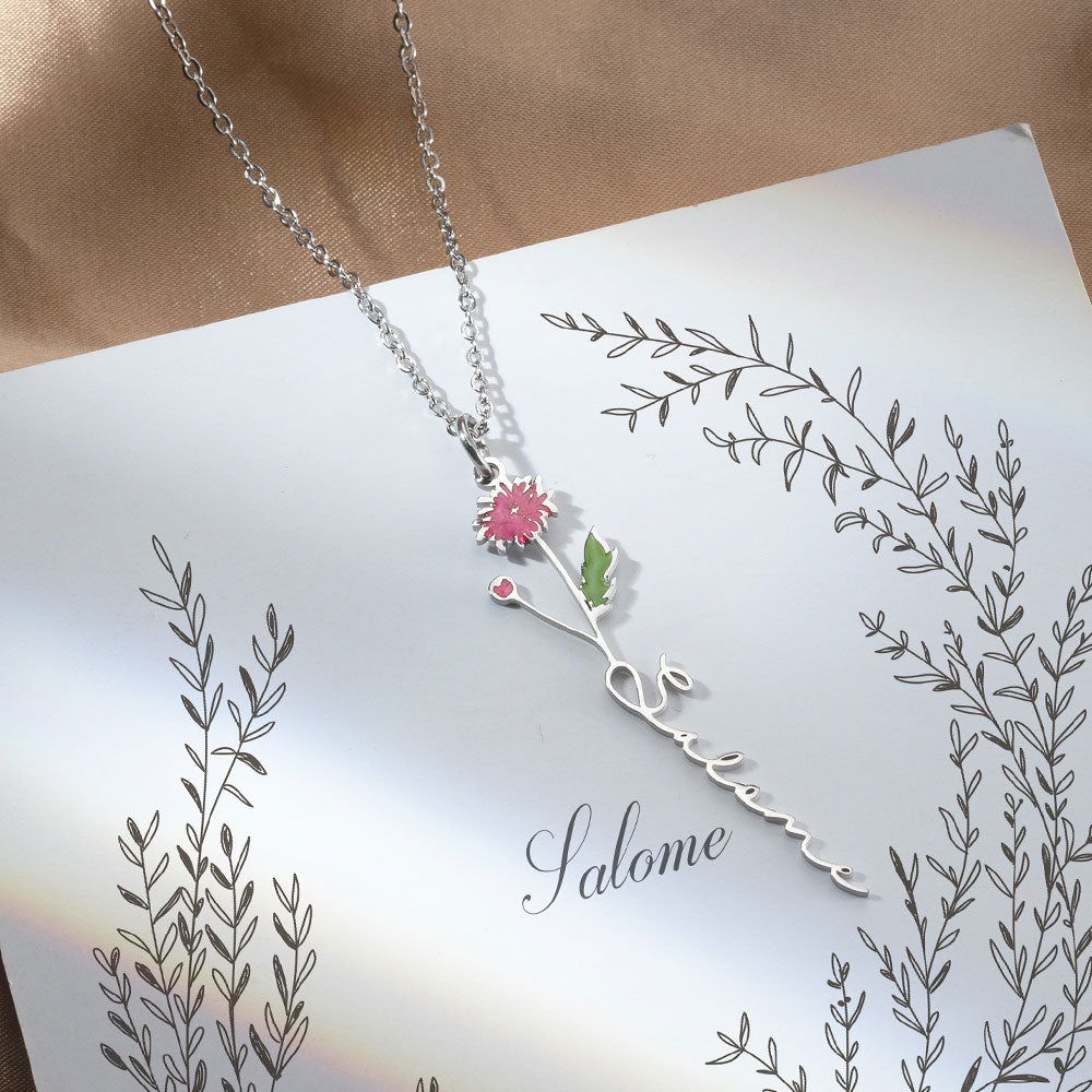 Personalized Birth Flower Name Necklace, Custom Floral Necklace for her