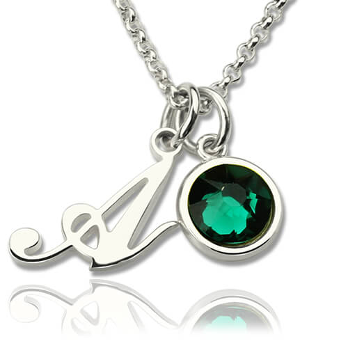 Personalized Birthstone Initial Letter Necklace Sterling Silver