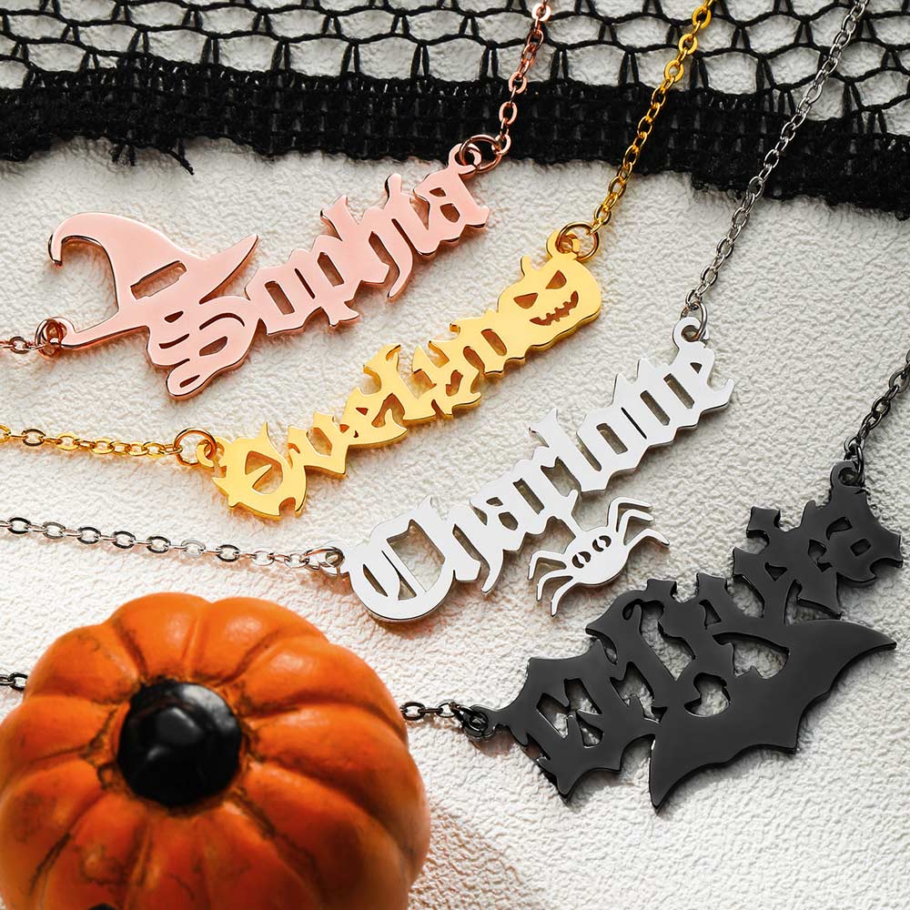 Personalized Halloween Gothic Name Necklace, Gothic Style Name Pendant With Color Filling, Old English Script Nameplate, Custom Goth Jewelry in Sterling Silver