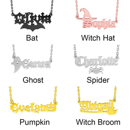 Personalized Halloween Gothic Name Necklace, Gothic Style Name Pendant With Color Filling, Old English Script Nameplate, Custom Goth Jewelry in Sterling Silver