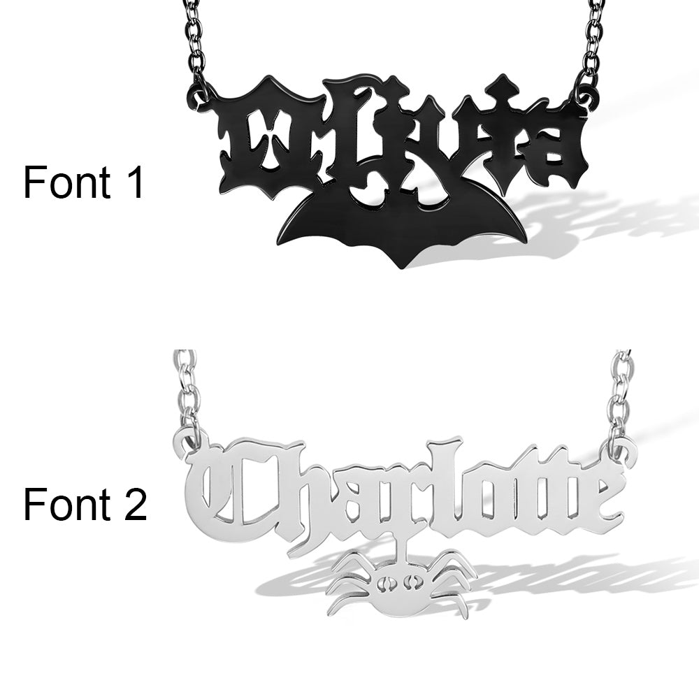 Personalized Halloween Gothic Name Necklace, Gothic Style Name Pendant With Color Filling, Old English Script Nameplate, Custom Goth Jewelry in Sterling Silver