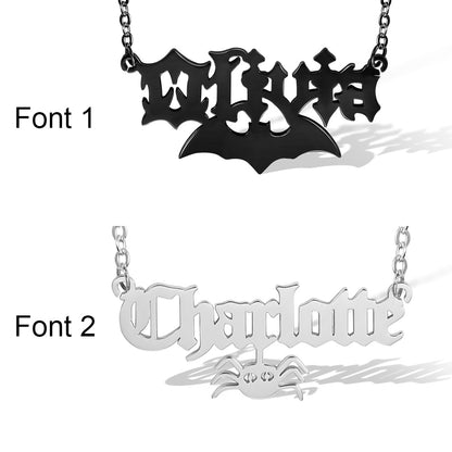 Personalized Halloween Gothic Name Necklace, Gothic Style Name Pendant With Color Filling, Old English Script Nameplate, Custom Goth Jewelry in Sterling Silver