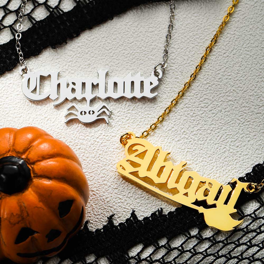 Personalized Halloween Gothic Name Necklace, Gothic Style Name Pendant With Color Filling, Old English Script Nameplate, Custom Goth Jewelry in Sterling Silver