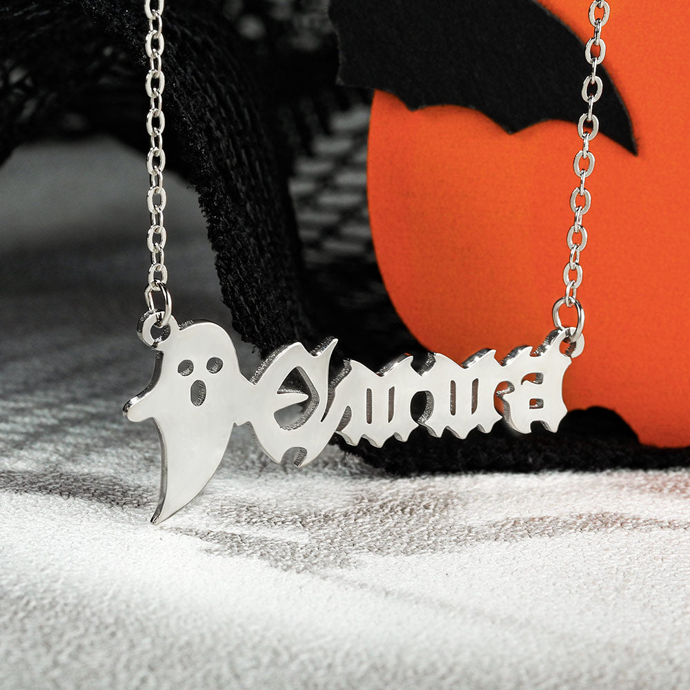 Personalized Halloween Gothic Name Necklace, Gothic Style Name Pendant With Color Filling, Old English Script Nameplate, Custom Goth Jewelry in Sterling Silver