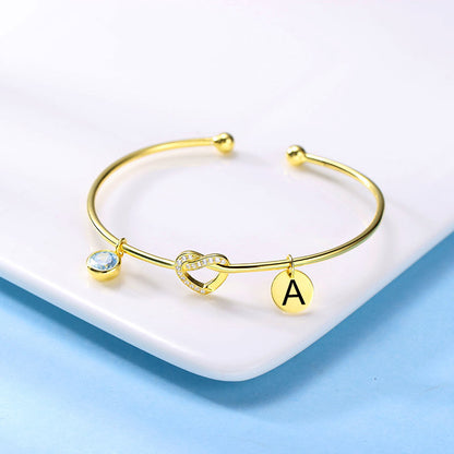 Engraved Heart Bangle with Birthstone in Silver