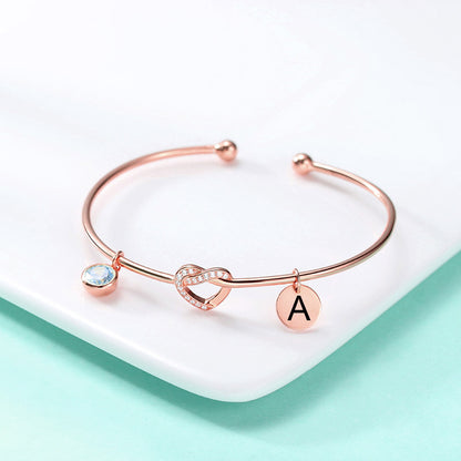 Engraved Heart Bangle with Birthstone in Silver