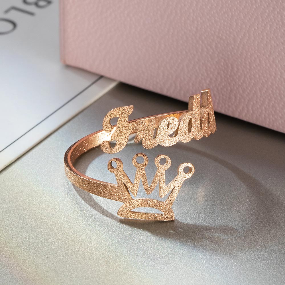 Personalized Crown Name Sand Face Open Ring