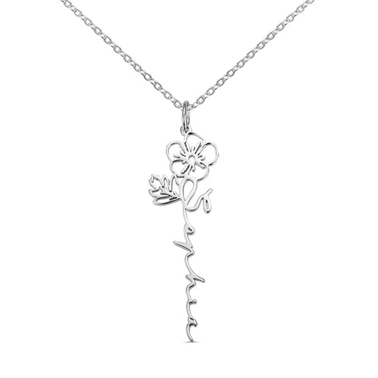 Dainty Floral Name Necklace with Birth Flower in  Sterling Silver 925, Personalized jewelry gift for her