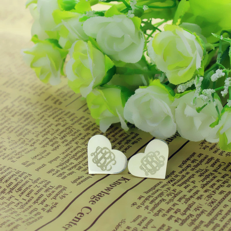 Heart Monogram Stud Earrings Sterling Silver