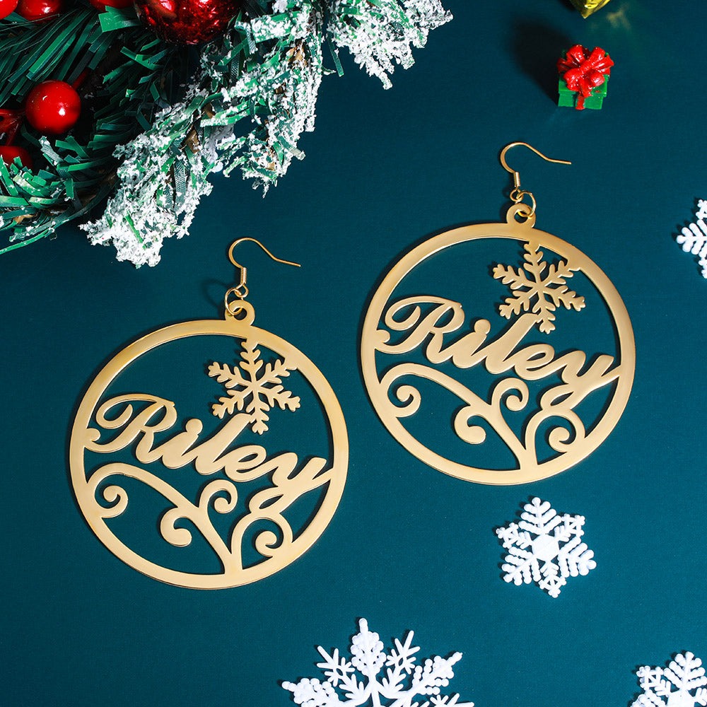 Personalized Christmas Name Hoop Earrings Snowflake, Custom Name Hoops for her