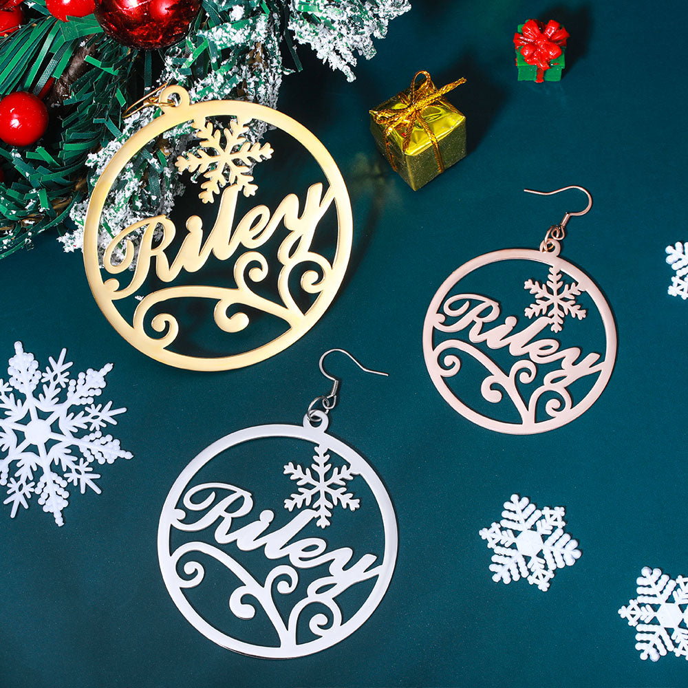 Personalized Christmas Name Hoop Earrings Snowflake, Custom Name Hoops for her