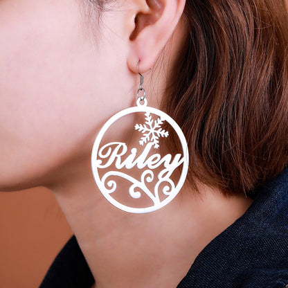 Personalized Christmas Name Hoop Earrings Snowflake, Custom Name Hoops for her