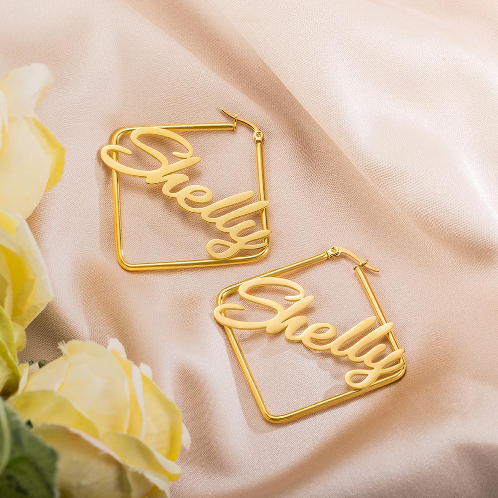 Personalized Square Name Earrings, Custom Name Hoop for her