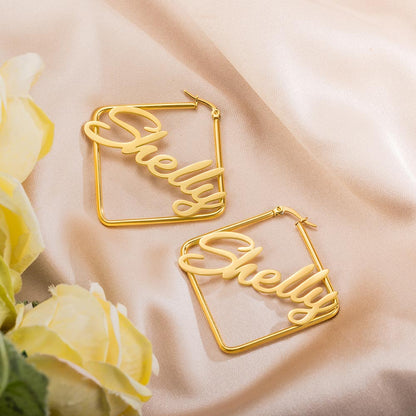 Personalized Square Name Earrings, Custom Name Hoop for her