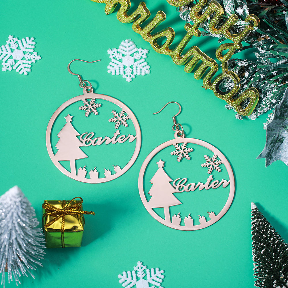 Personalized Christmas Name Hoop Earrings Christmas Tree, custom hoops for her