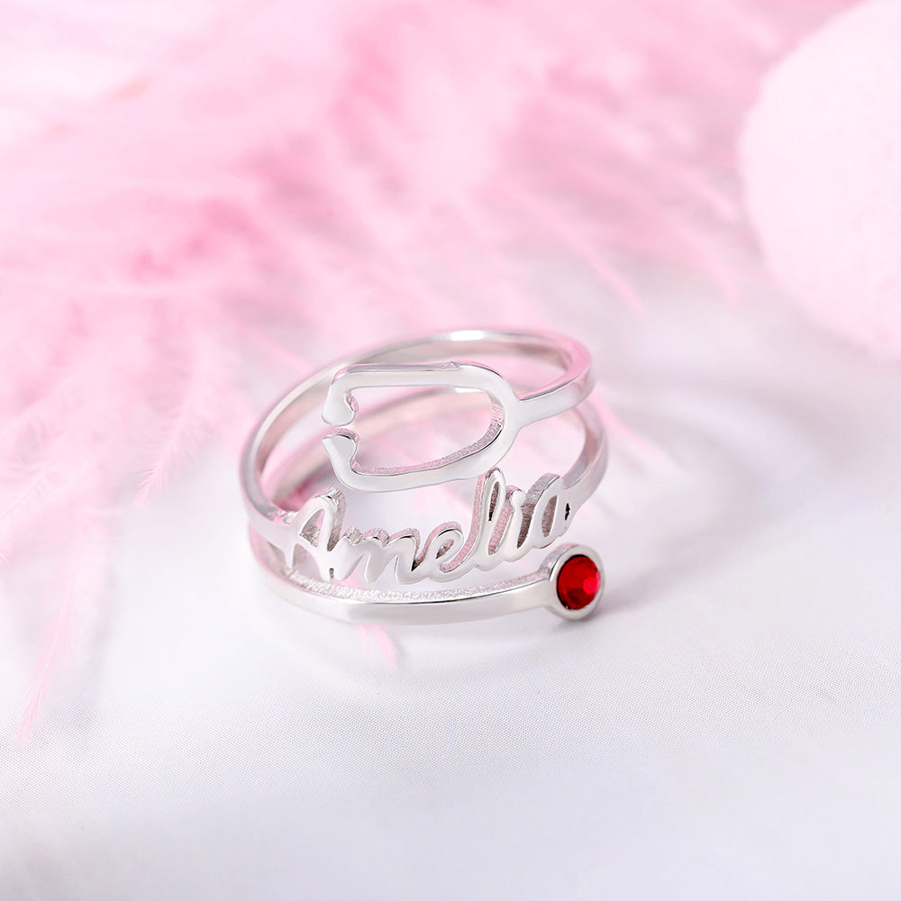 Personalized Name & Birthstone Stethoscope Ring