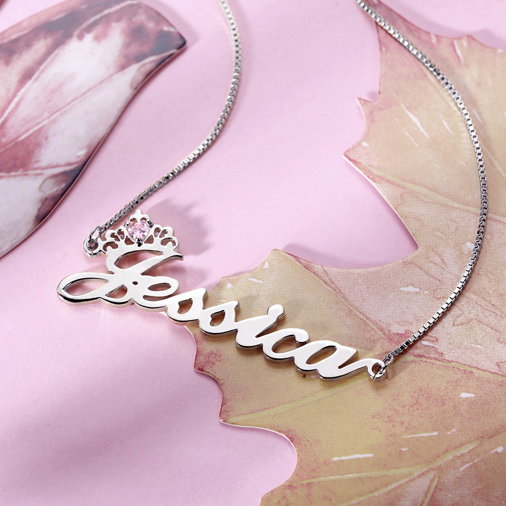 Personalized Crown Name Necklace with Birthstone in Silver, Custom Name Jewellry for her