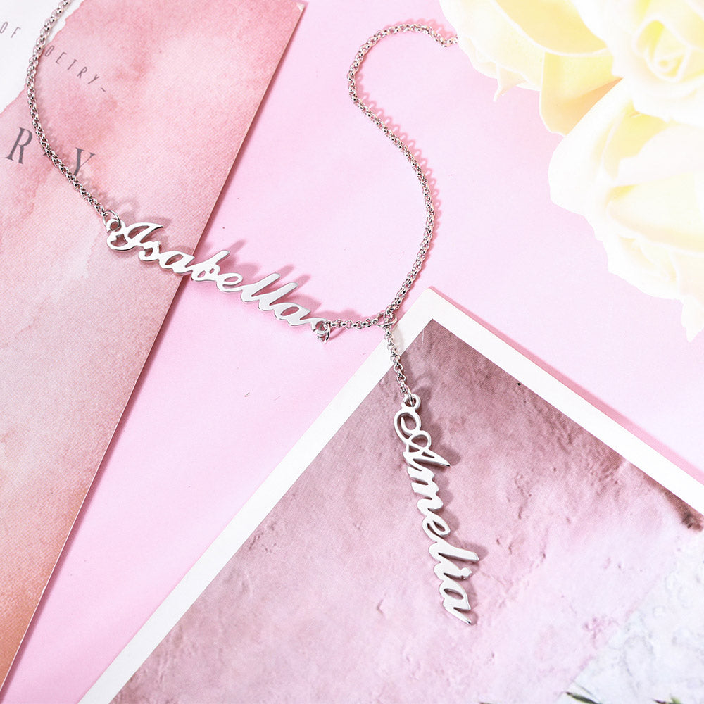 Dainty Personalized Two Names Y-shaped Necklace in stainless steel