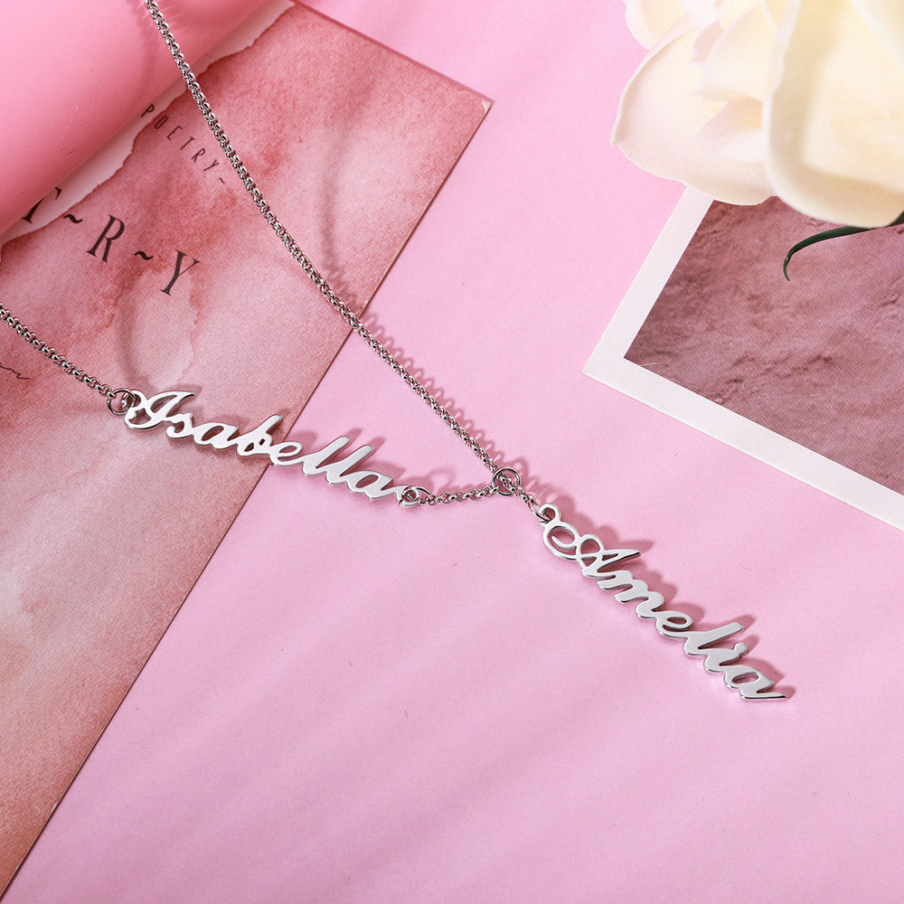 Dainty Personalized Two Names Y-shaped Necklace in stainless steel