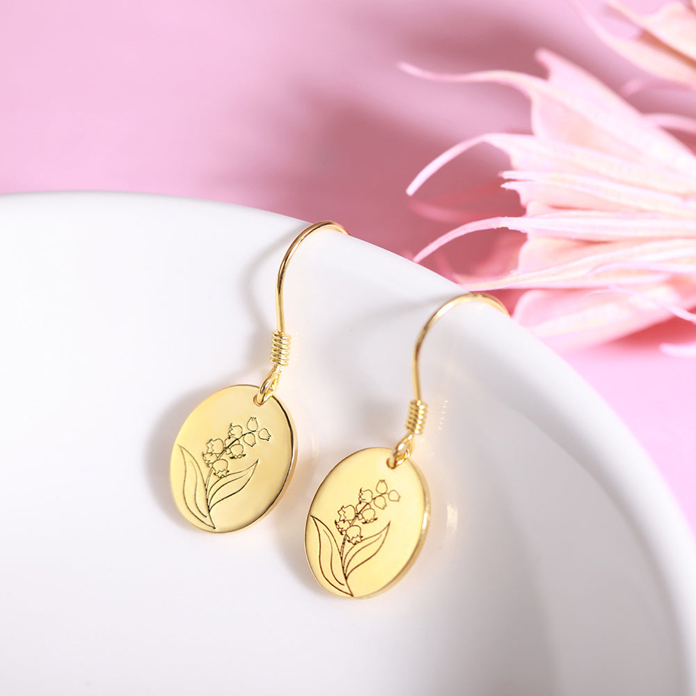 Engraved Birth Flower Earrings, Custom Floral Earring for her, Personalized Dainty Drop Earrings