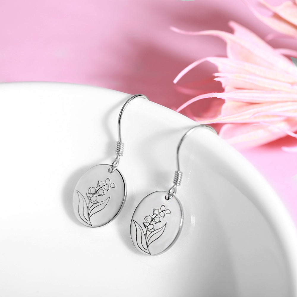 Engraved Birth Flower Earrings, Custom Floral Earring for her, Personalized Dainty Drop Earrings