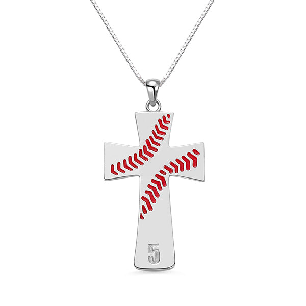 Engraved Baseball Line Cross Necklace in Silver