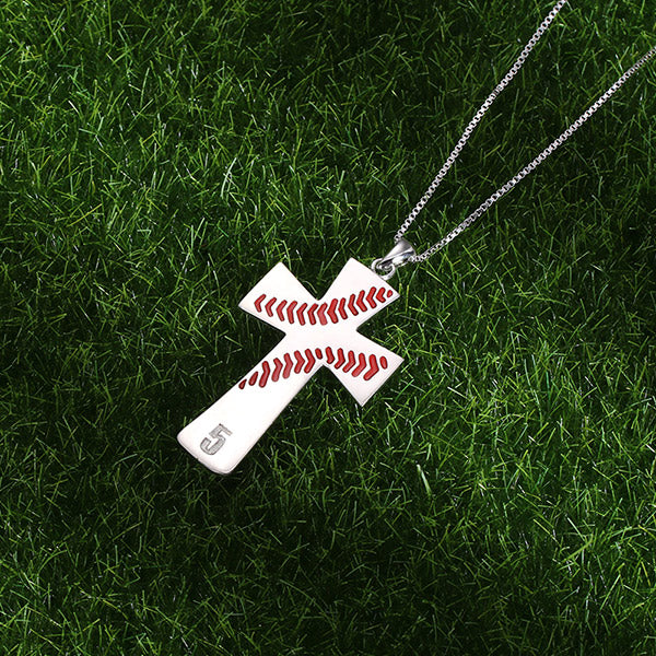 Engraved Baseball Line Cross Necklace in Silver