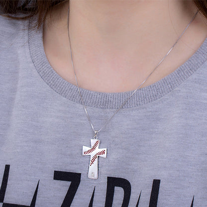 Engraved Baseball Line Cross Necklace in Silver