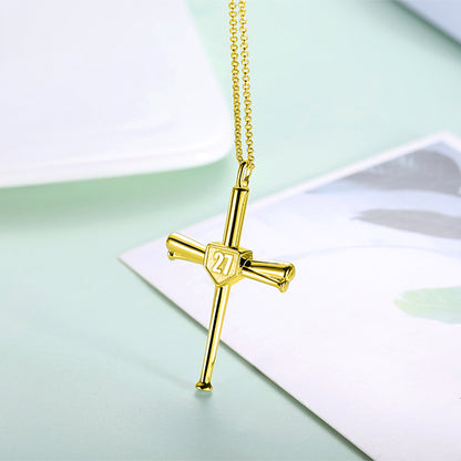 Engraved Double Side Baseball Cross Necklace Brass