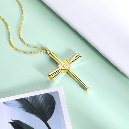 Engraved Double Side Baseball Cross Necklace Brass