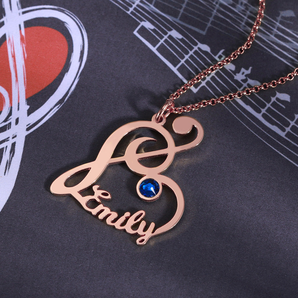 Personalized Treble Clef Name Necklace with Birthstone in Rose Gold